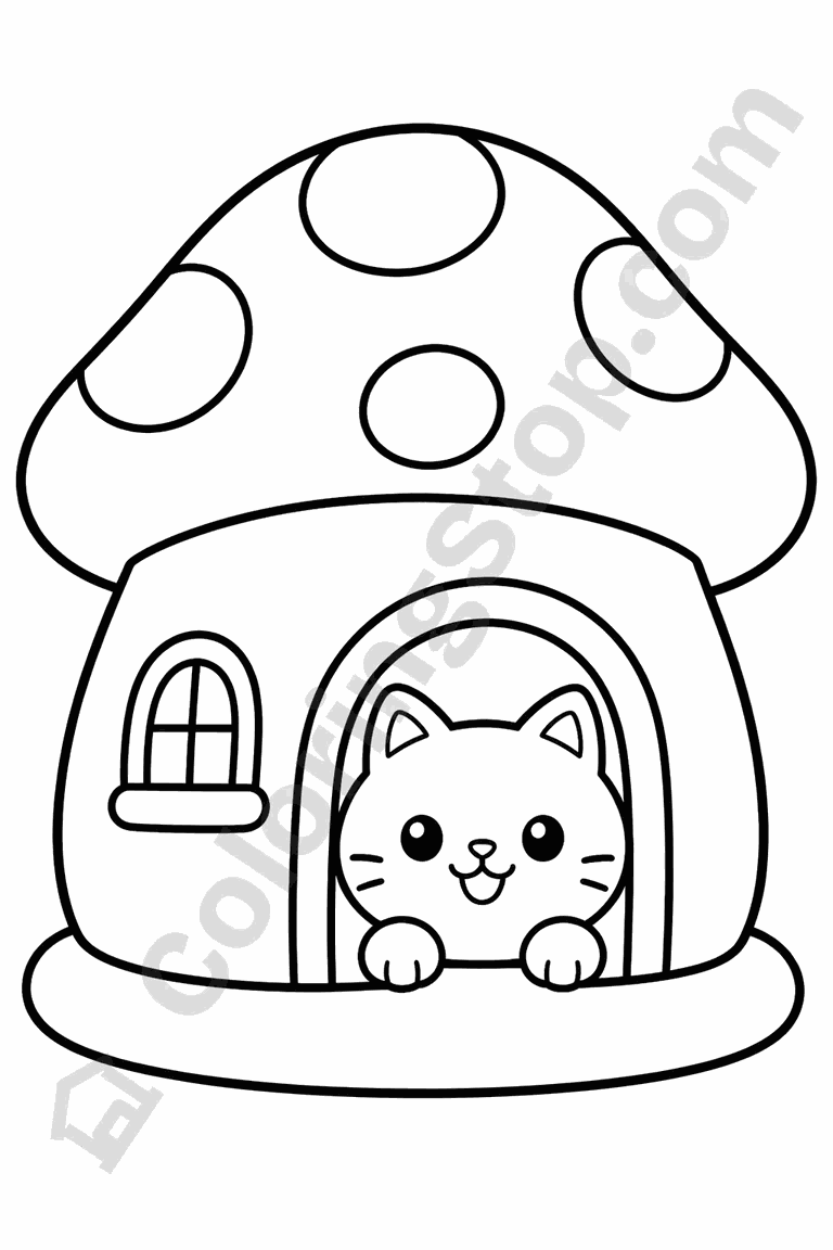 Mushroom House With Cat - line-art coloring page