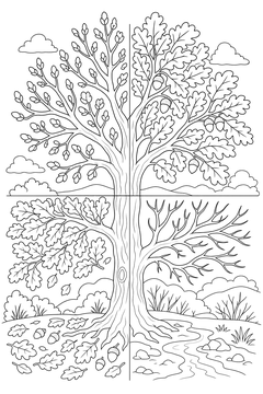 One Oak Through Four Seasons line art