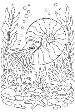 Nautilus With Spiral Shell line art