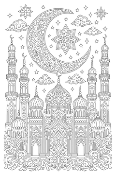 Ornate Crescent Over Mosque Skyline line art