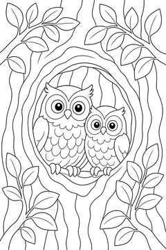 Owl Family In Hollow line art