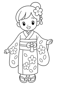Child In A Traditional Japanese Kimono line art