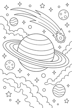 Ringed Planet And Comet line art