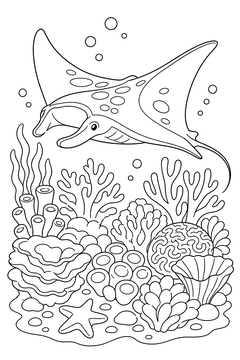Ray Over a Coral Reef line art