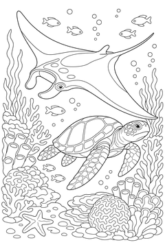 Manta Ray With a Turtle line art