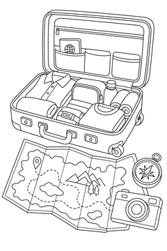 Suitcase And Travel Map line art