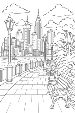 Riverfront Promenade Skyline line art