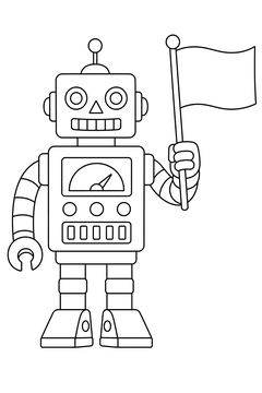 Tin Robot Holding a Flag line art