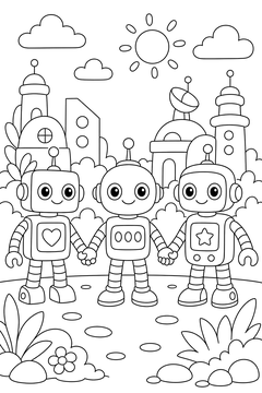 Three Robots Holding Hands line art