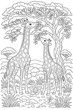 Acacia Tree With Giraffes line art