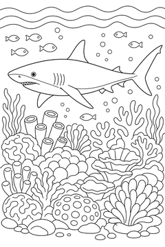 Shark Over a Coral Garden line art