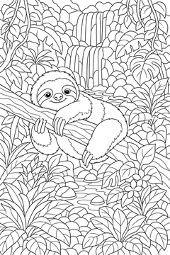 Sloth by a Waterfall line art