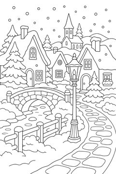 Snowy Village At Night line art