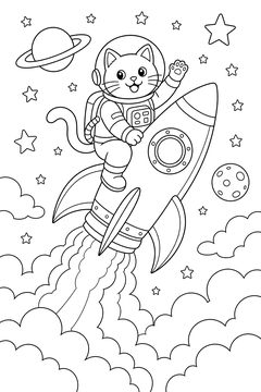 Cat Astronaut In A Blasting Rocket line art