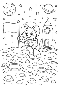 Fox Astronaut Planting A Flag line art