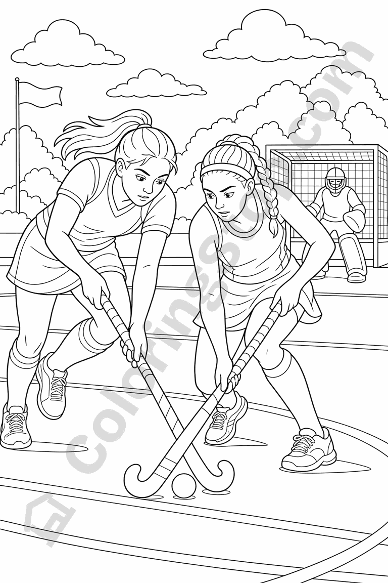 Field Hockey Tackle - line-art coloring page