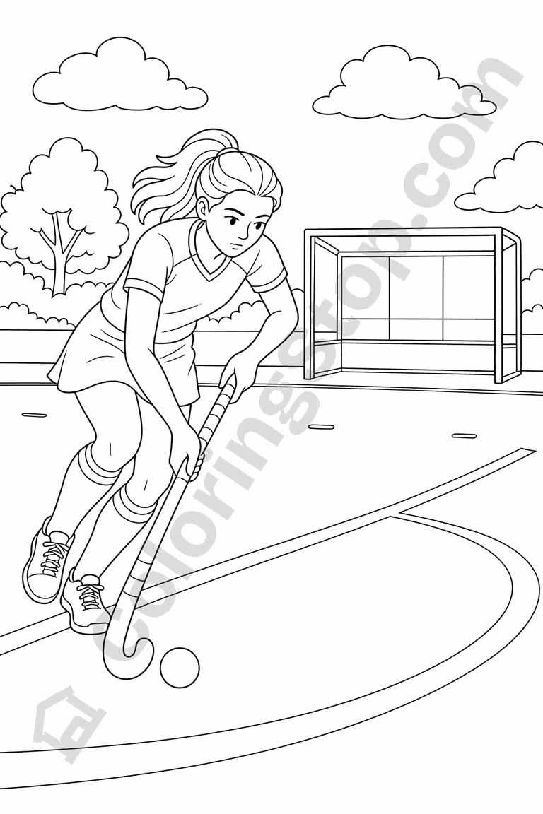 Field Hockey Dribble - line-art coloring page