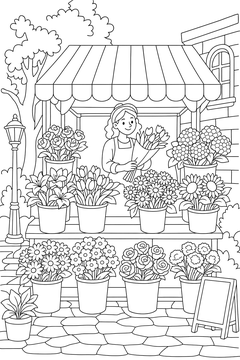 Flower Stall Scene line art