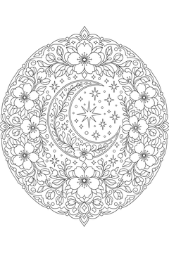 Crescent and Blossoms line art