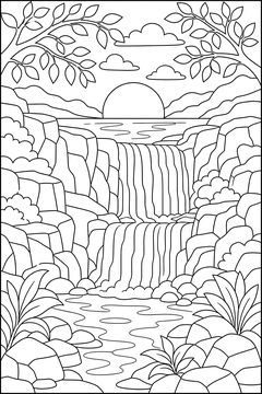 Sunset Over Waterfall line art