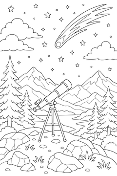 Telescope and a Comet Over Mountains line art