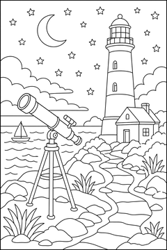 Telescope and a Lighthouse line art