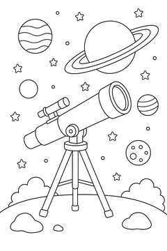 Telescope With Planets in View line art