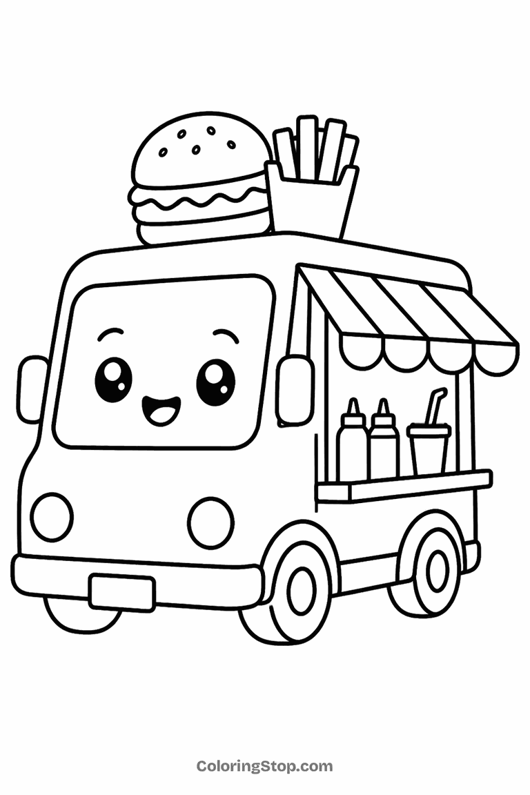 Kawaii Food Truck With Face - line-art coloring page