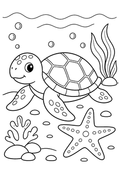 Turtle and Starfish on Sand line art