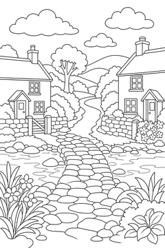 Village River Crossing line art