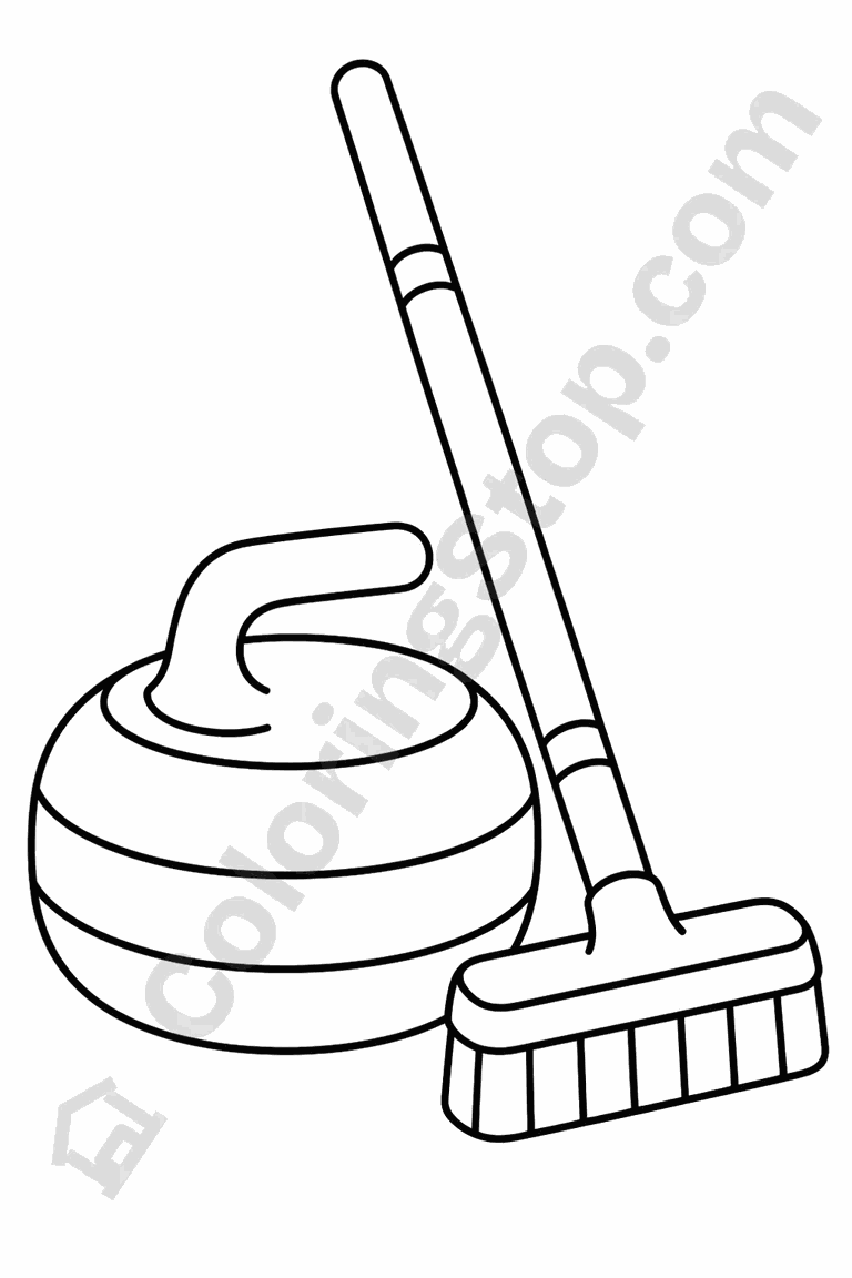 Curling Stone and Broom - line-art coloring page