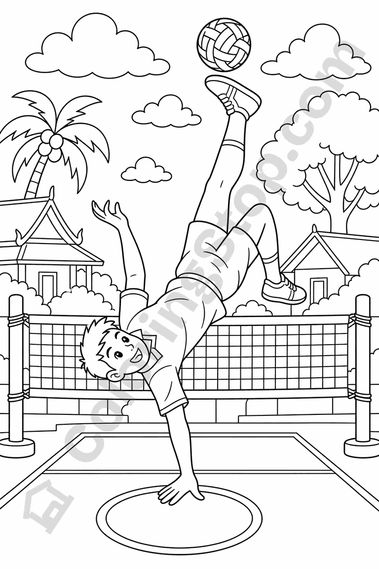 Sepak Takraw Kick - line-art coloring page